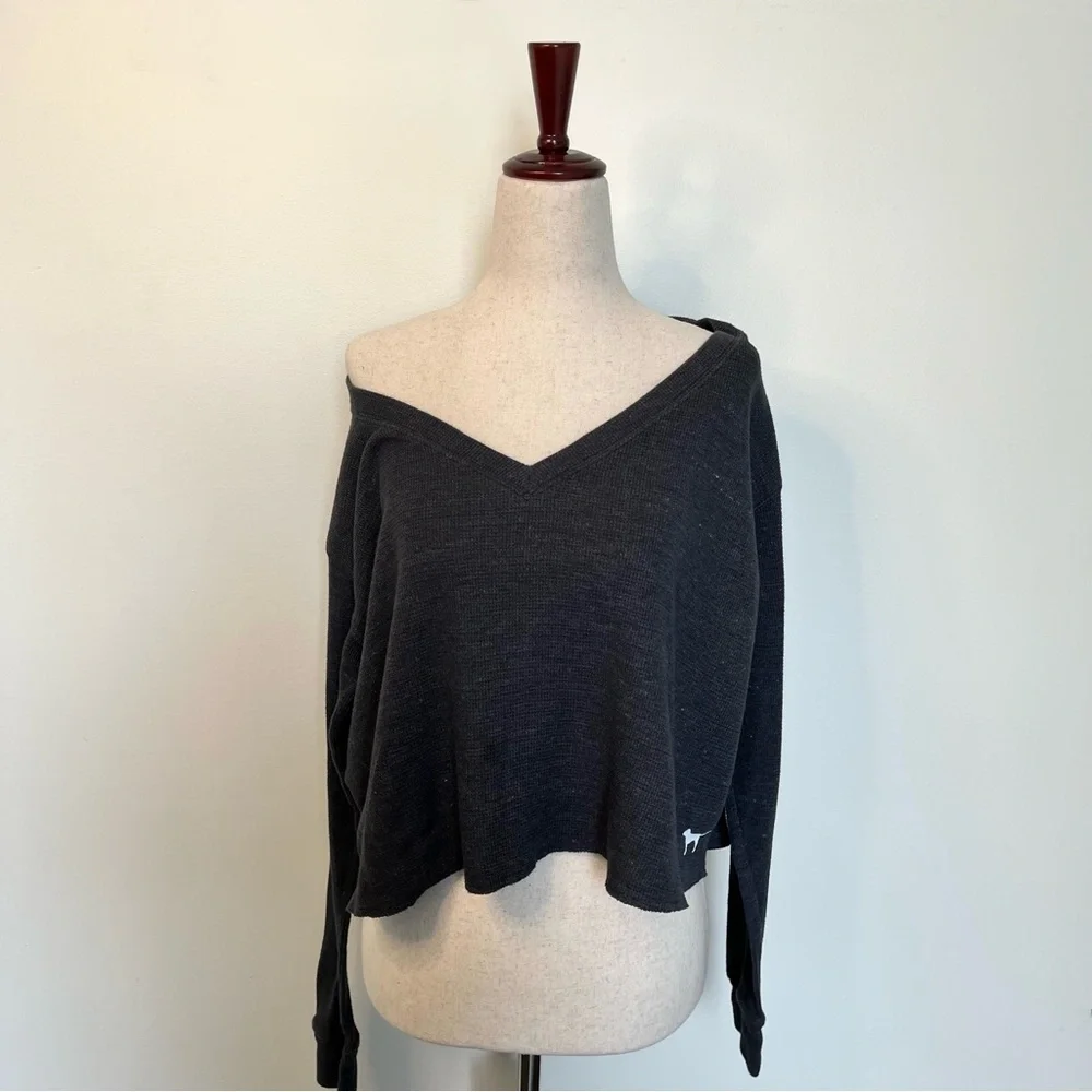 Victoria's Secret PINK Charcoal Gray Waffle Knit Cropped V-Neck Sweater